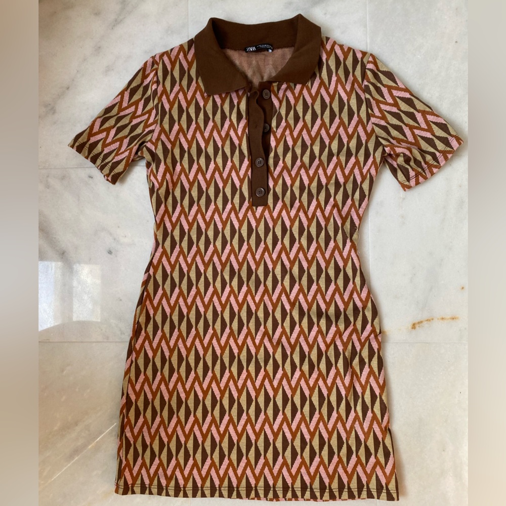 Zara Jacquard Pink/Brown Mini Dress - Sz Medium - Picture 3 of 4